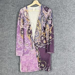 Chico's Cardigan Women 1 Purple Paisley Long Sleeve Knit Open Front Cotton